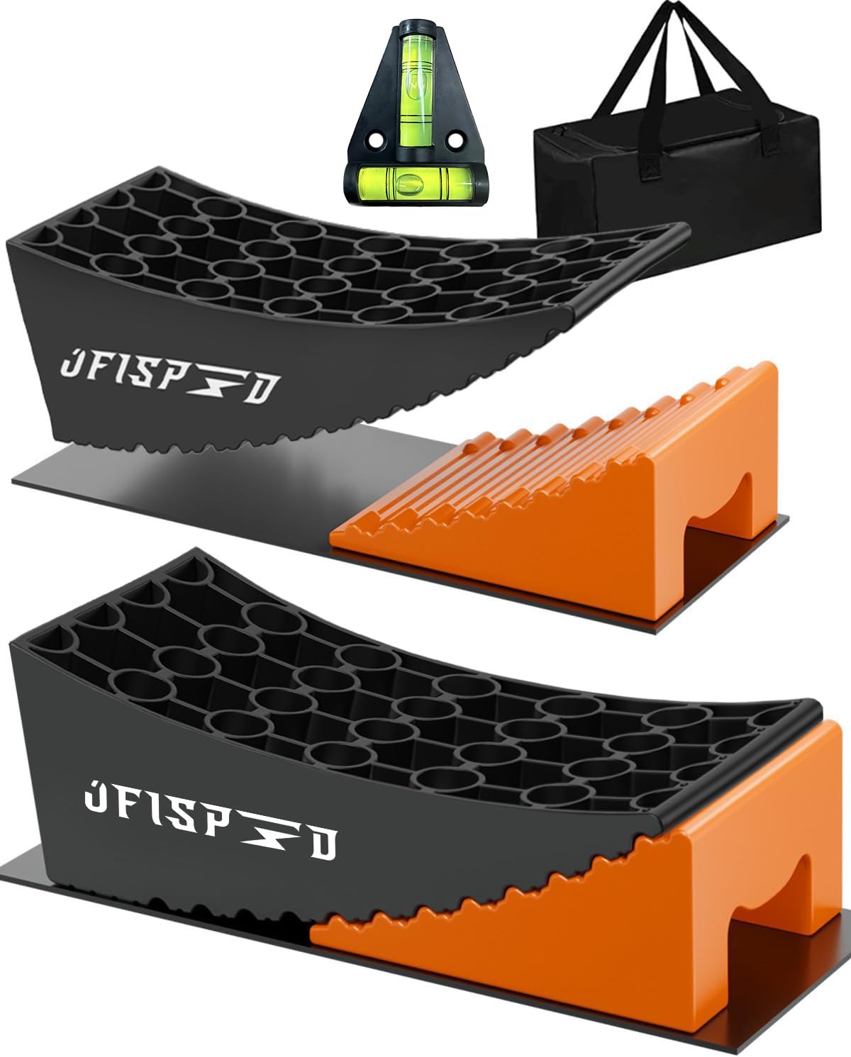 RV Leveling Blocks Ramp Kit, 2 Packs Camper Leveler System for Travel with Two Chocks, 2 Anti-Slip Mats, 1T Bubble Level and Carry Bag, Up to 35000 LBS, Easier & Faster to Level Camper-Orange