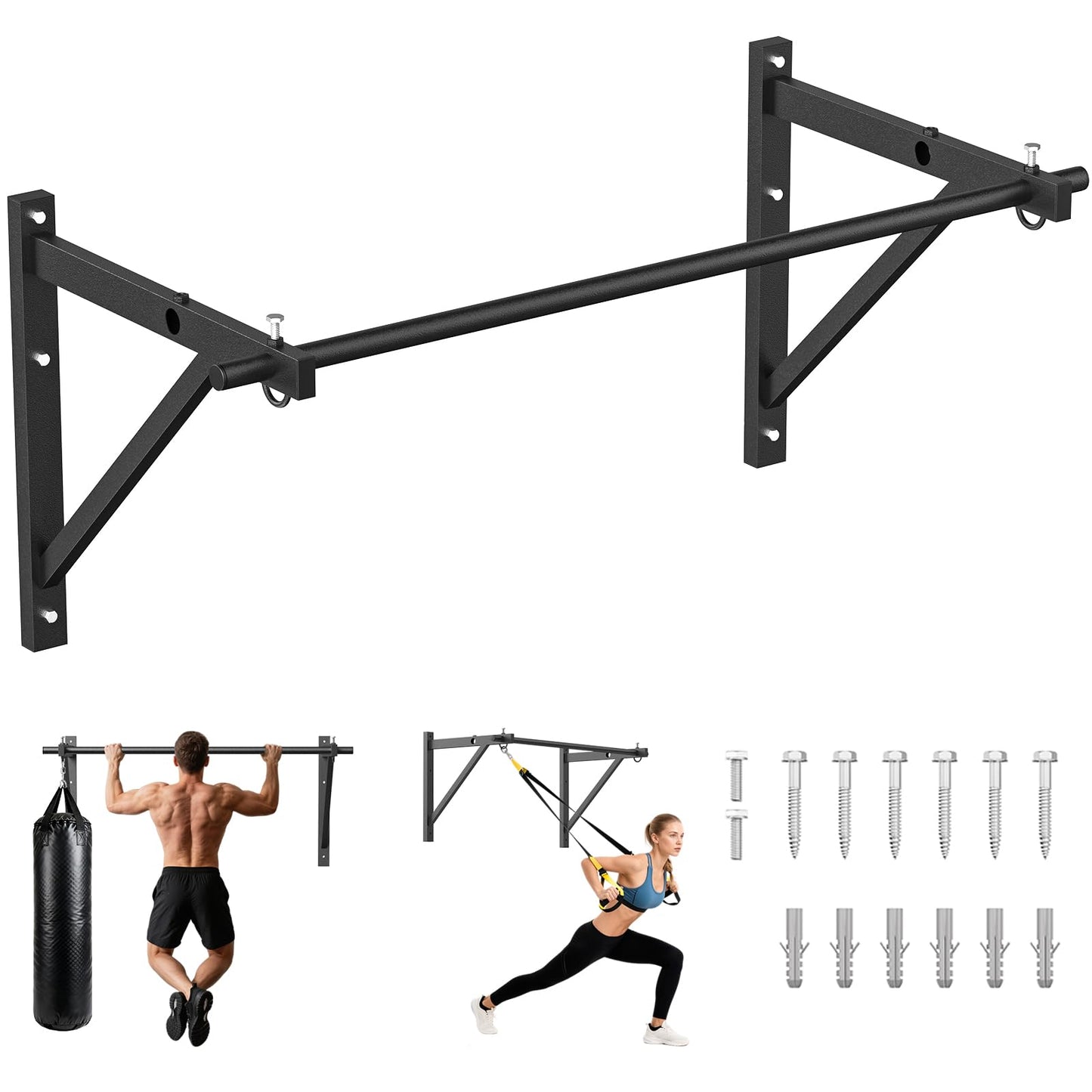 PAPABABE Wall Mounted Pull Up Bar, Chin Up Bar, Strength Training Pull-Up Bars Chin Up Bars for Home Gym, 500LBS Weight Capacity (Black 52 inch)