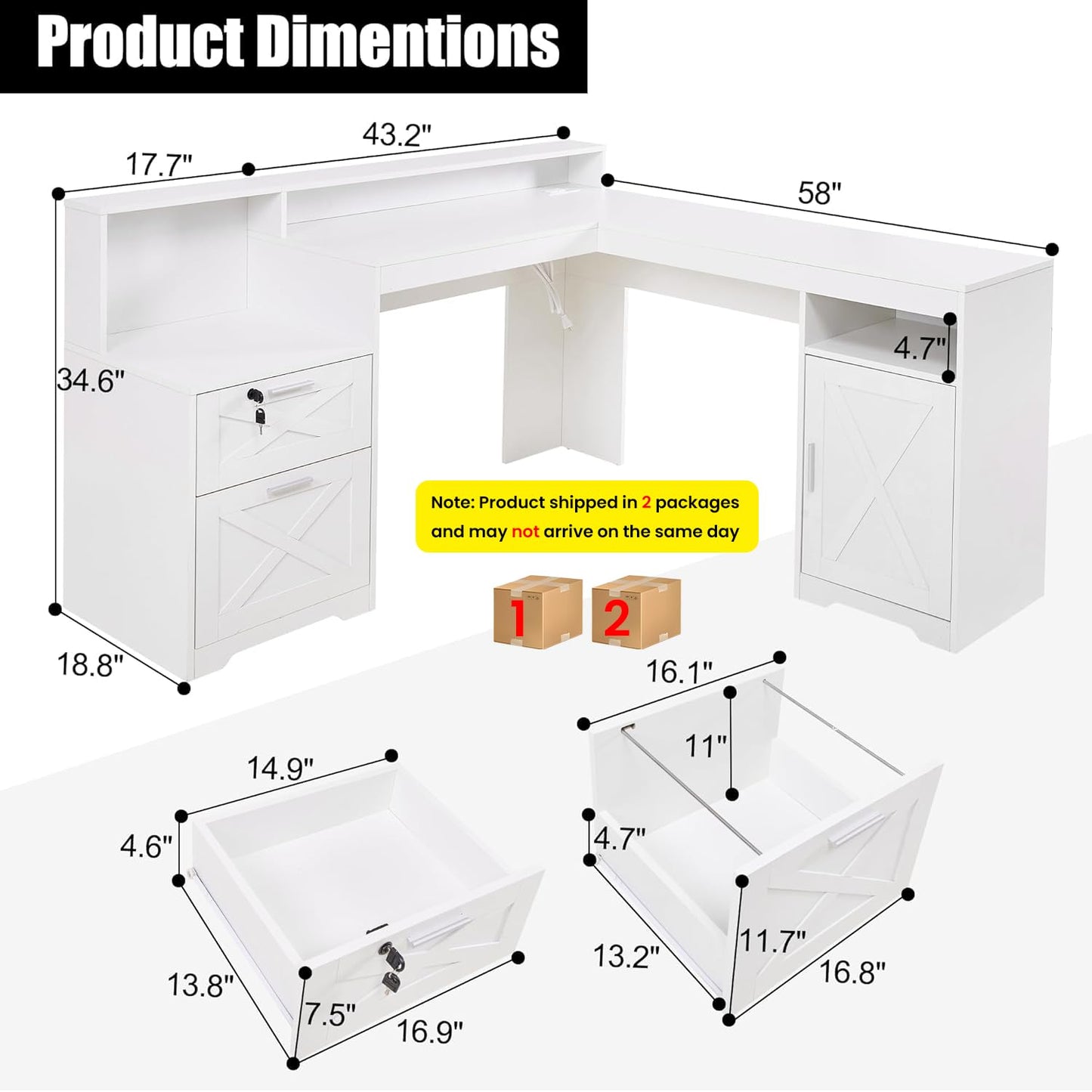 boknight 60" L Shaped Executive Desk with Printer Space,Corner Computer Desk with Power Outlets,Lockable Drawers & Adjustable File Cabnet,L Shaped Office Desk with Monitor Stand (White)