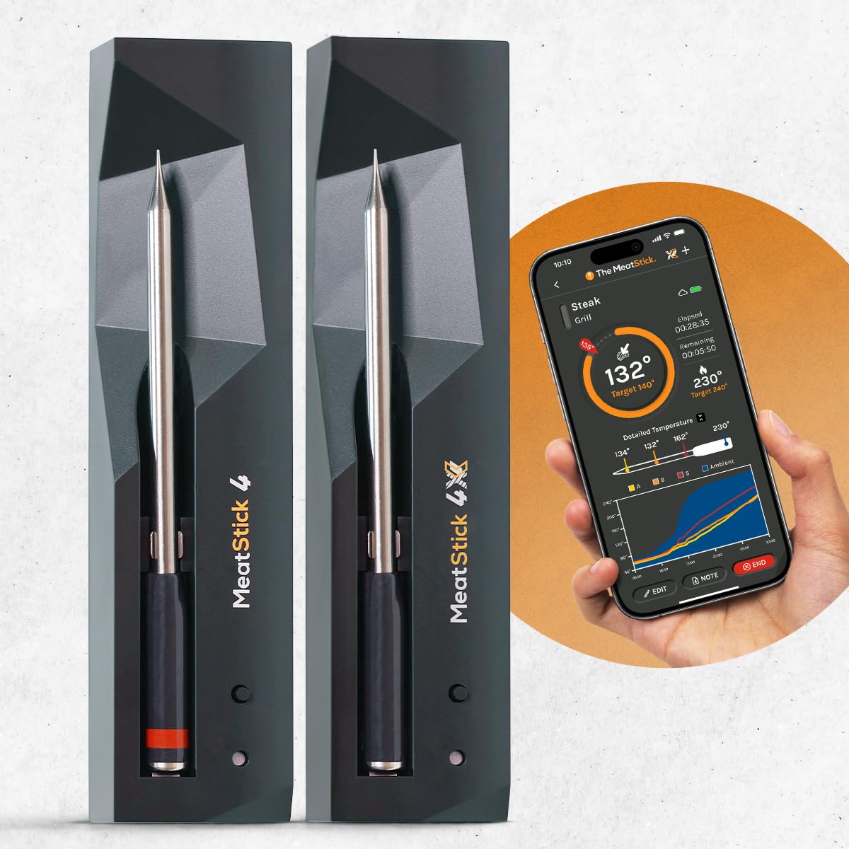 MeatStick 4 Duo Bundle [2-Probe/650ft Range] | Quad Sensors Smart Wireless Meat Thermometer with Bluetooth | for Smoking, Grilling, BBQ, Air Fryer, Deep Frying, Oven, Sous Vide, Rotisserie