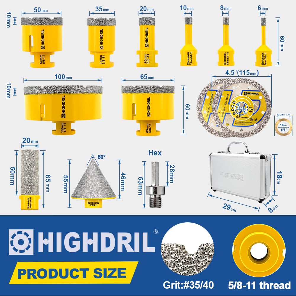 HIGHDRIL 13Pcs Diamond Hole Saw Kit and Dry Diamond Tile Drill Bit with Hex Shank,HIGHDRIL