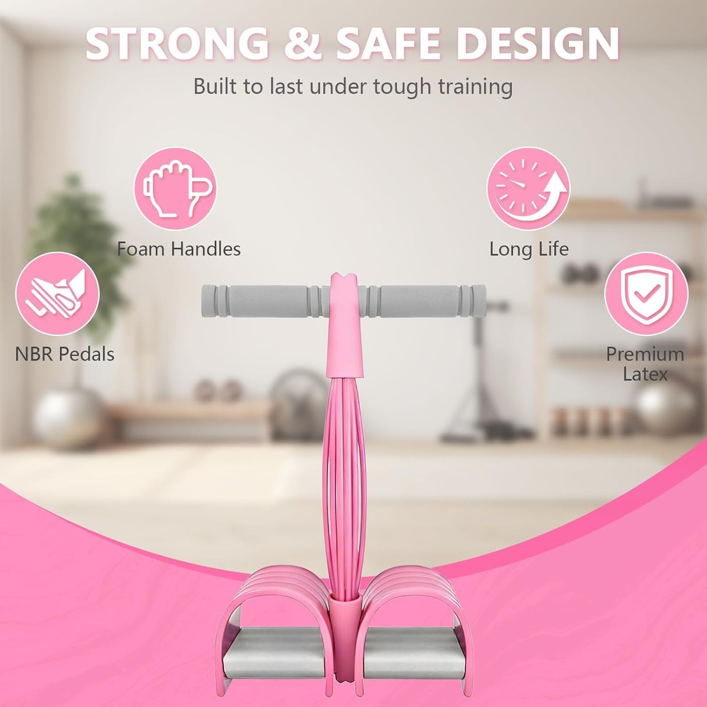 8-Tubes Pedal Resistance Band with Handle, Multifunction Exercise Rope for Working Out, Foot Pedal Resistance Band for Abdomen, Waist, Arm, Leg, Pink