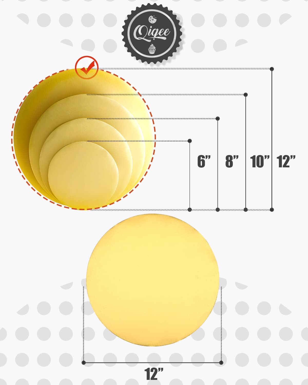 qiqee 12 Inch Gold Cake Boards Round 40-Packs Circles Rounds Base Food-Grade Cardboard Cake Plate（Thinner But Stronger）