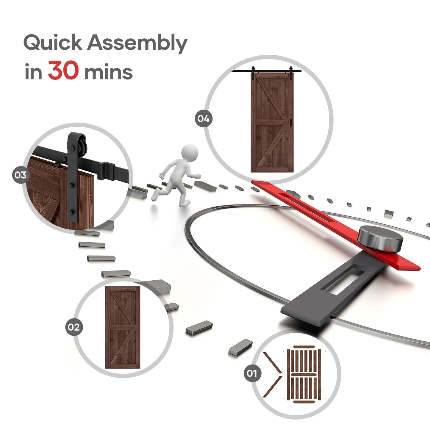 ROYMELO 36x80 inch Sliding Barn Wood Door Slab with 6.6ft Hardware Kit and Handle, Coffee, K Shape, Simple DIY Assembly