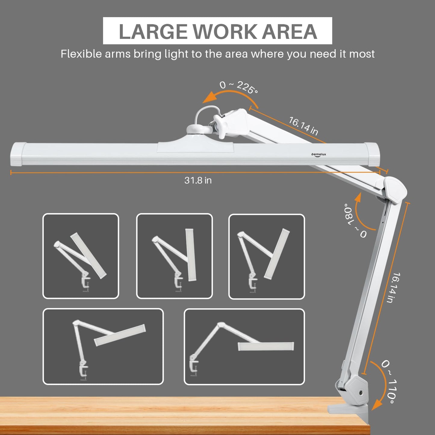 bemelux LED Architect Desk Lamp with Clamp, Metal Swing Arm 4500 Lumens Dimming Office Table Lamp for Task Work Drafting Reading Desktop, 342PCS Bright LEDs, 50W Workbench Lamp(White)