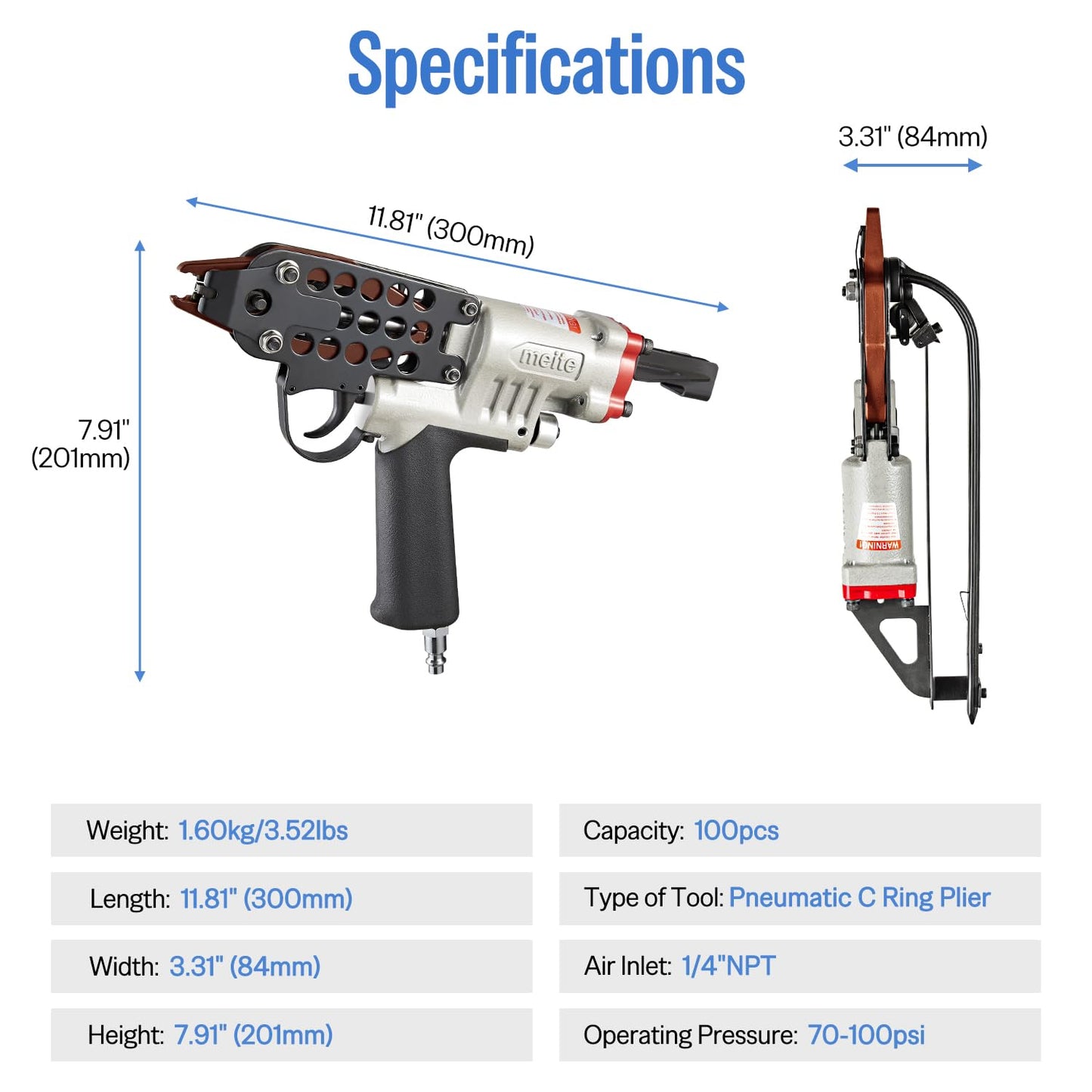 meite SC760C-I2 16GA 1/2-Inch Pneumatic Hog Ring Gun with 3,600 PCS Stainless C Ring Staples for Wire Fencing or Securing Fastening