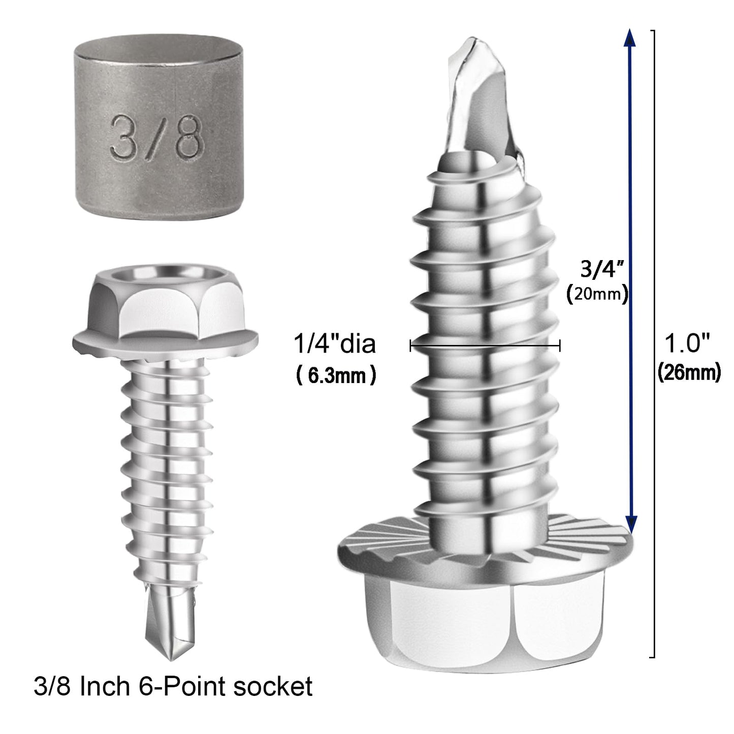 Garage Door Hinge & Bracket Screws - #14 x 3/4" Zinc Plated Serrated Hex Head Self Piercing Screw, Tek & Thread Cutting for Sheet Metal Drilling (50 Pack)