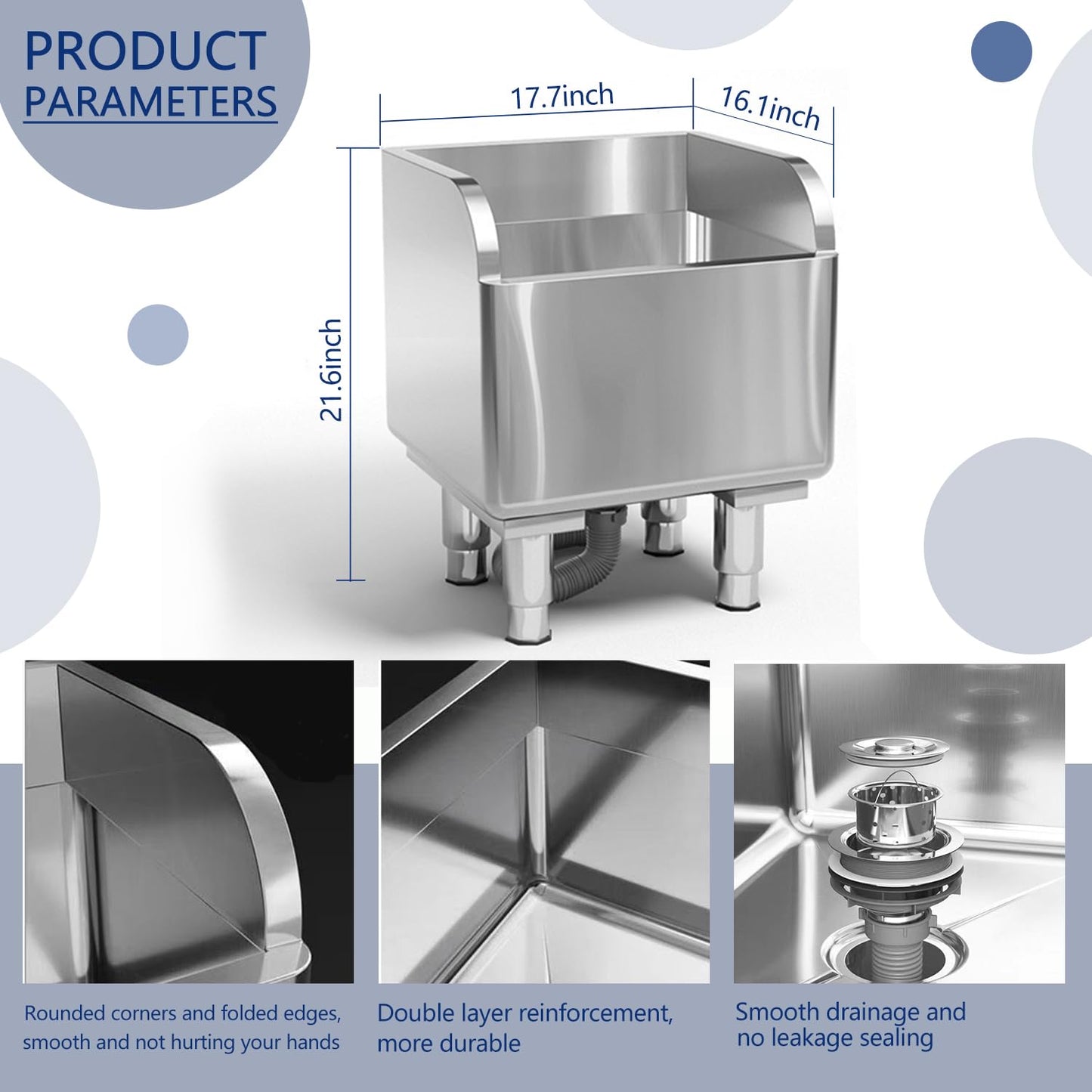 Commercial Floor Mop Sink - Stainless Steel Mop Service Basin, Floor Mount, 17.7'16.1'21.6'