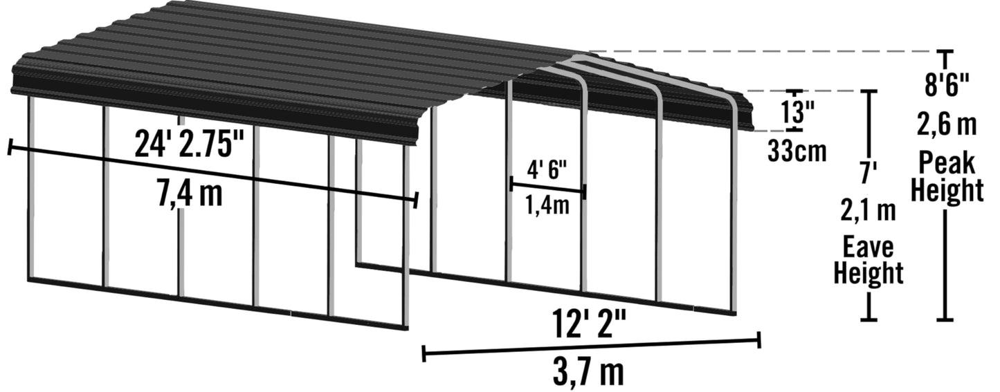 Arrow Carports Galvanized Steel Carport, Full-Size Metal Carport Kit, 12' x 24' x 7', Eggshell