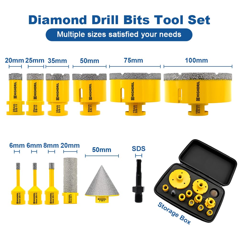 HIGHDRIL Diamond Hole Saw Kit - 6/6/8/20/25/35/50/75/100mm Drill Bits and HIGHDRIL Diamond Tile Saw Blade