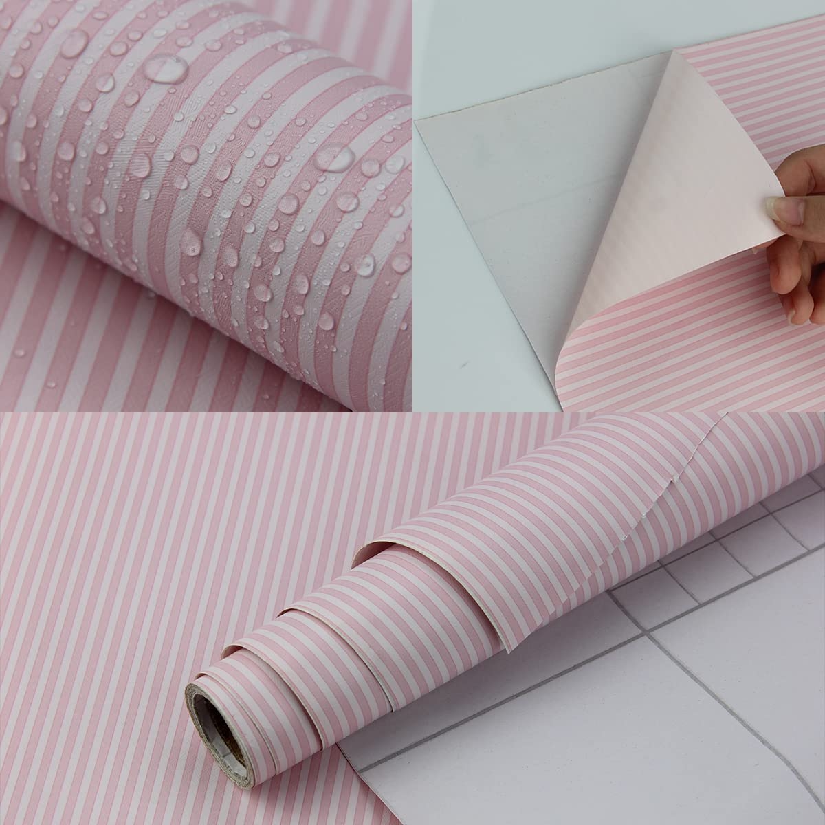 17.7" x 197" Pink and White Stripe Wallpaper Stick and Peel Contact Paper Self Adhesive Decorative Waterproof Wall Covering Cabinets Shelves Liner Drawer Sticker
