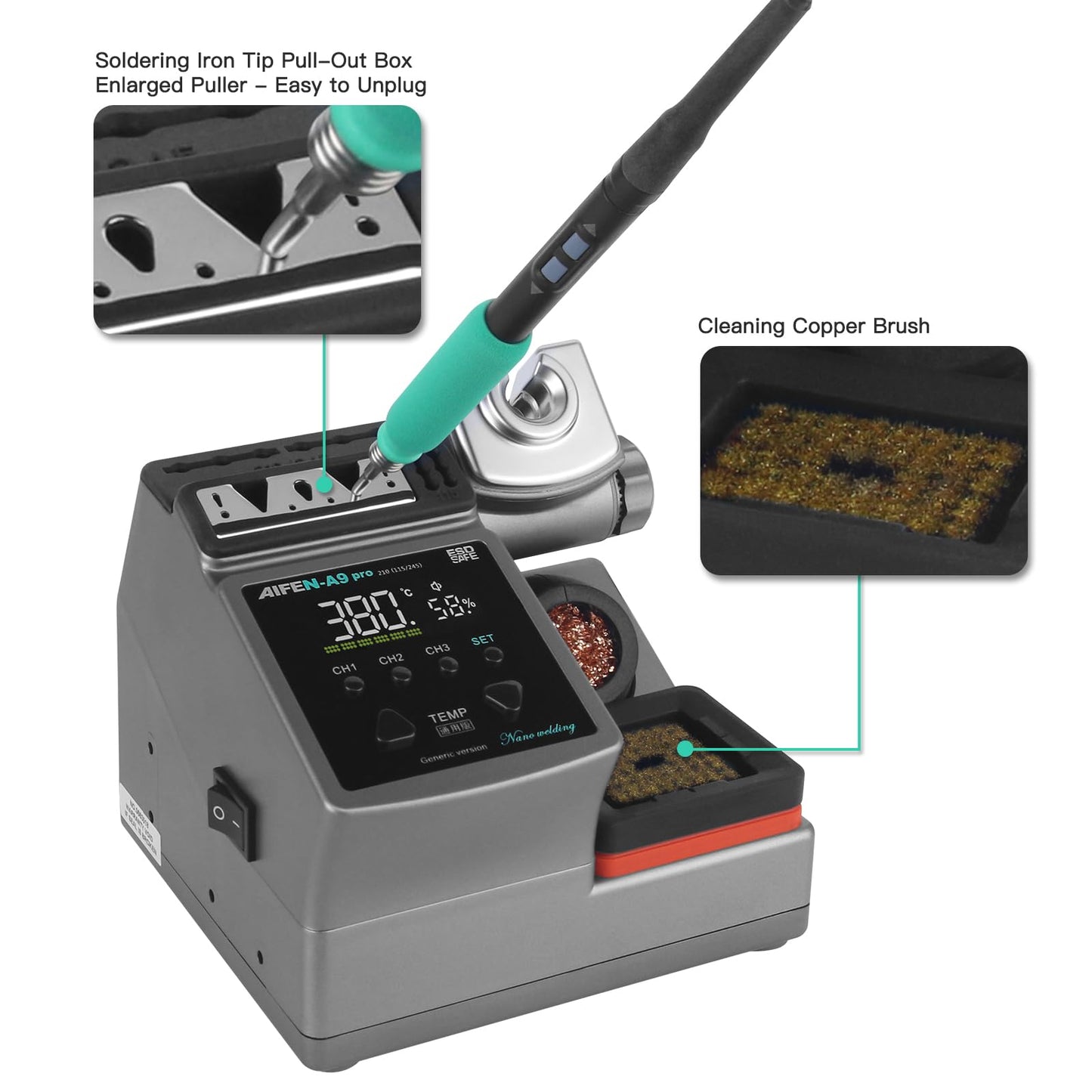 A9PRO Soldering Station 120W Handle Control Temperature 212°F-842°F Solder Station Soldering Iron with C210 Handle and 3 Soldering Tips