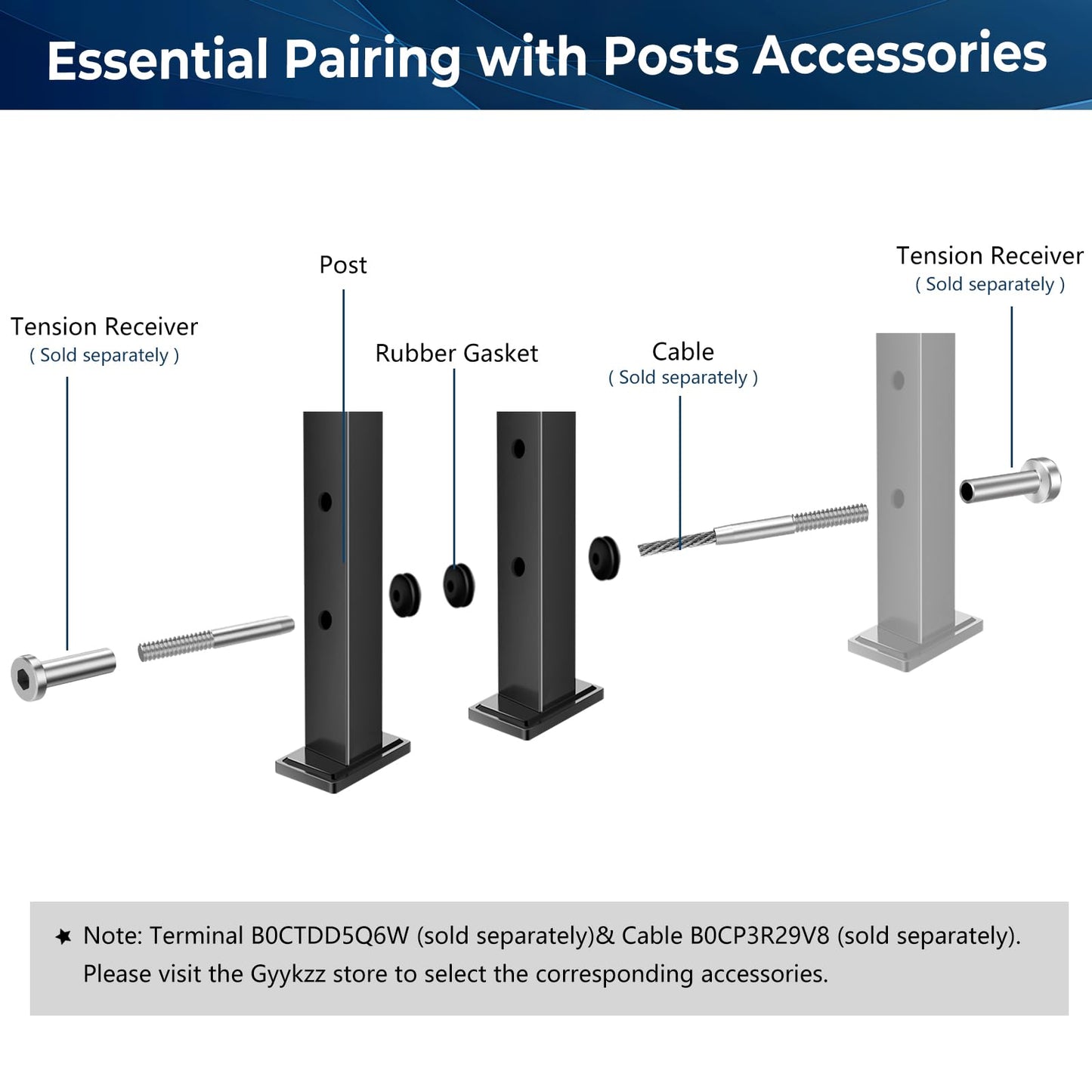 Gyykzz 36" Black Cable Railing Post, Fixed Top Level Drilled Line Post with Cable Grommets, Surface Mount T304 Stainless Steel Wire Railing Handrail Post for Indoor Outdoor Deck Cable Railing System