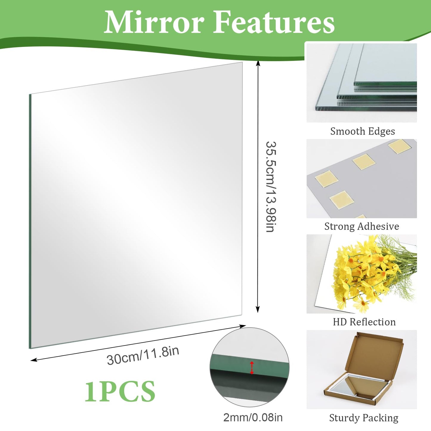 QEEYON 14 x 12 inch Glass Wall Mirror Tile Self Adhesive Frameless High Clear Mirror Sheet for Wall, Home Gym, Door, Bathroom, Bedroom Decor