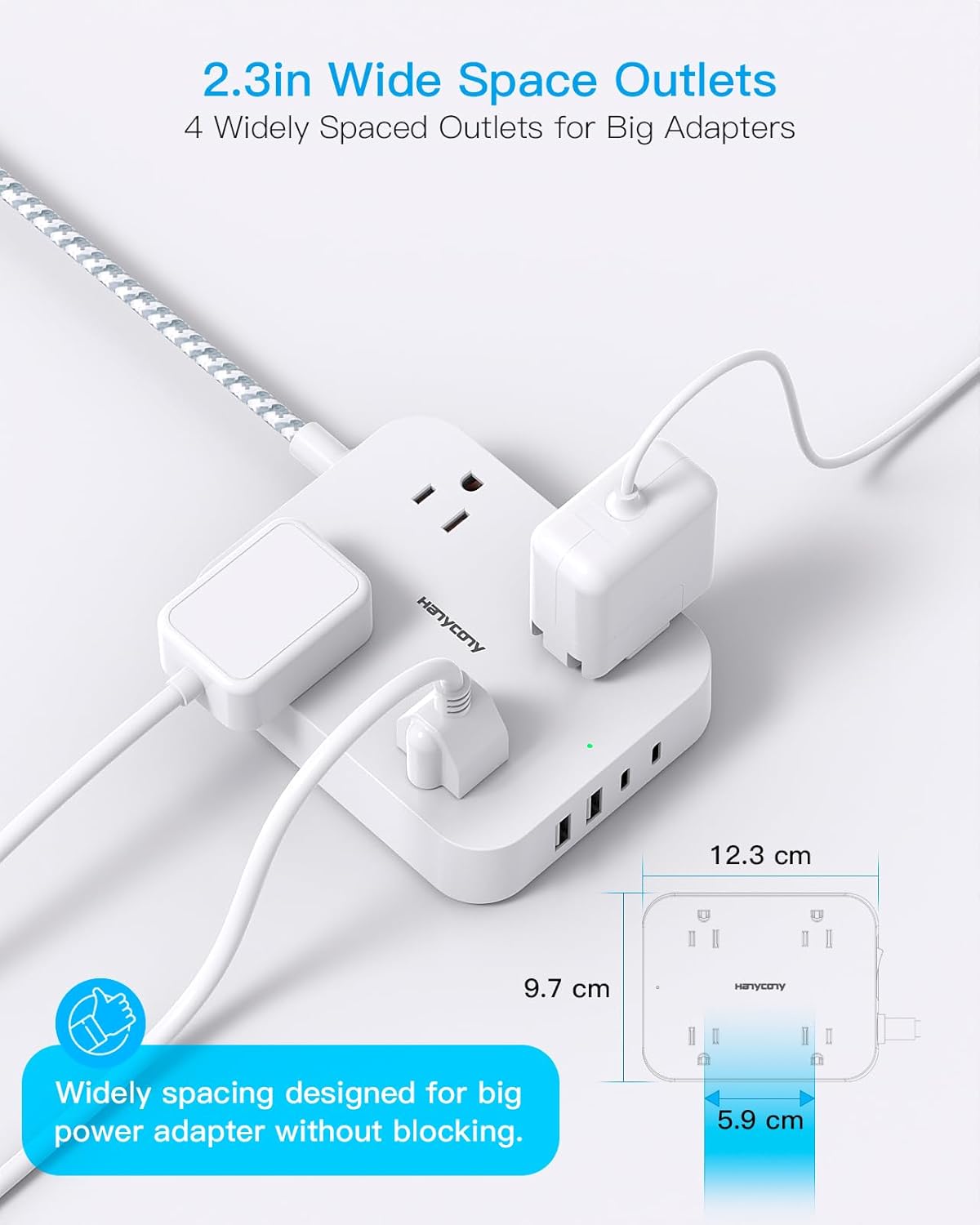 HANYCONY 5ft 4 Ports(2 4 Flat Plug Extension Cord, Power Strip with USB USB C), Widely Outlets Extender, Wall Mount