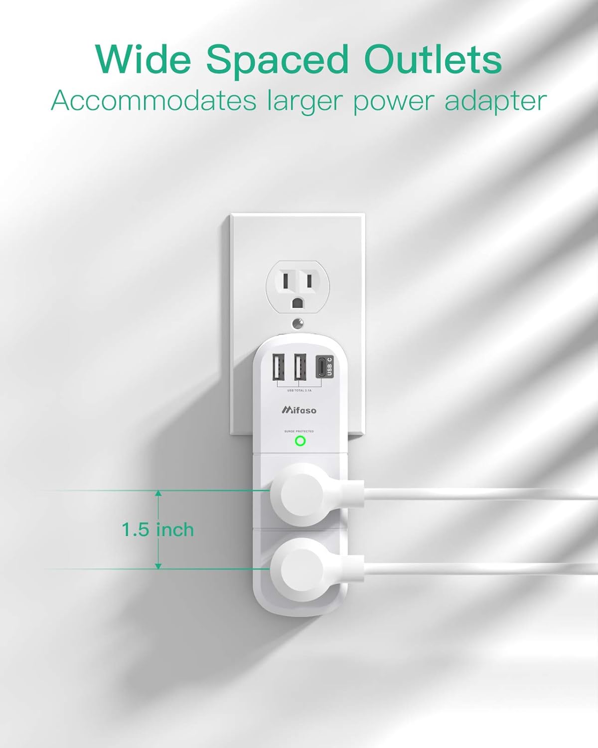 Mifaso 6 3 1800 3-Sided Outlet Extender with Rotating Plug, Surge Protector AC Multi Plug Wall Outlets and USB Ports