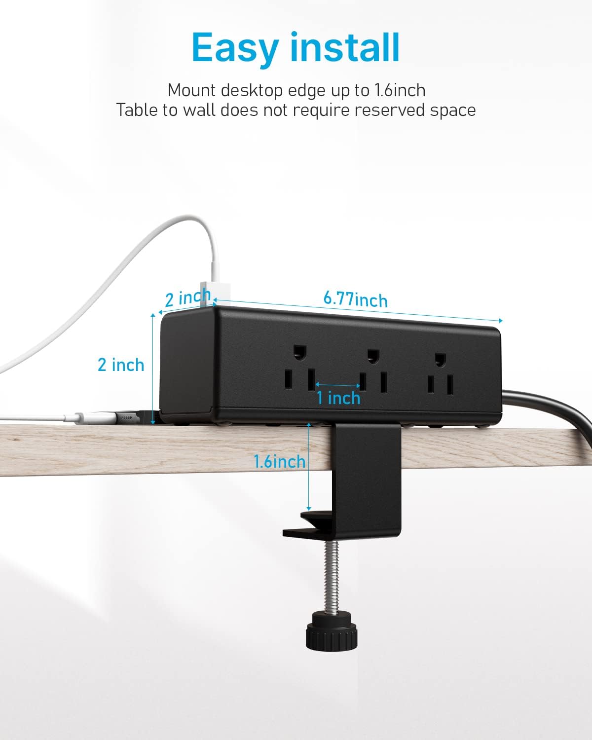 CCCEI 9 6 1.6 inch Desk Clamp Power Strip with Outlets, Desktop Edge Mount Surge Protector with USB-A and USB-C Ports