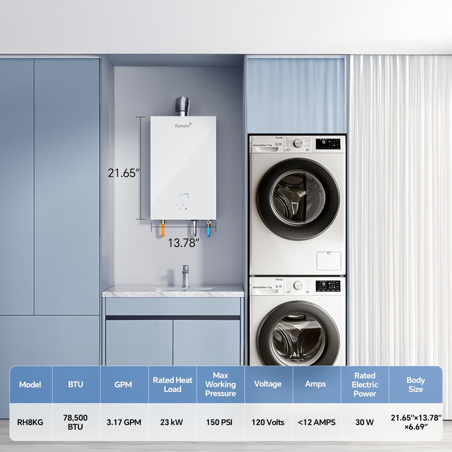 GEN II Ranein Propane Gas Tankless Water Heater, 3.17 GPM, 78,500 BTU Glass Panel Design Indoor On Demand Instant Hot Water Heater with LED Temperature Control Panel