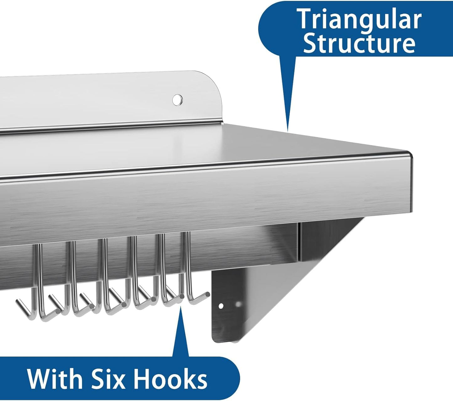 DEXSO 2 Pack Stainless Steel Wall Mount Shelves 12" x 36" NSF Certified with 6 Hooks - Versatile Metal Storage Racks with Backsplash for Organizing Cookware in Home and Kitchen