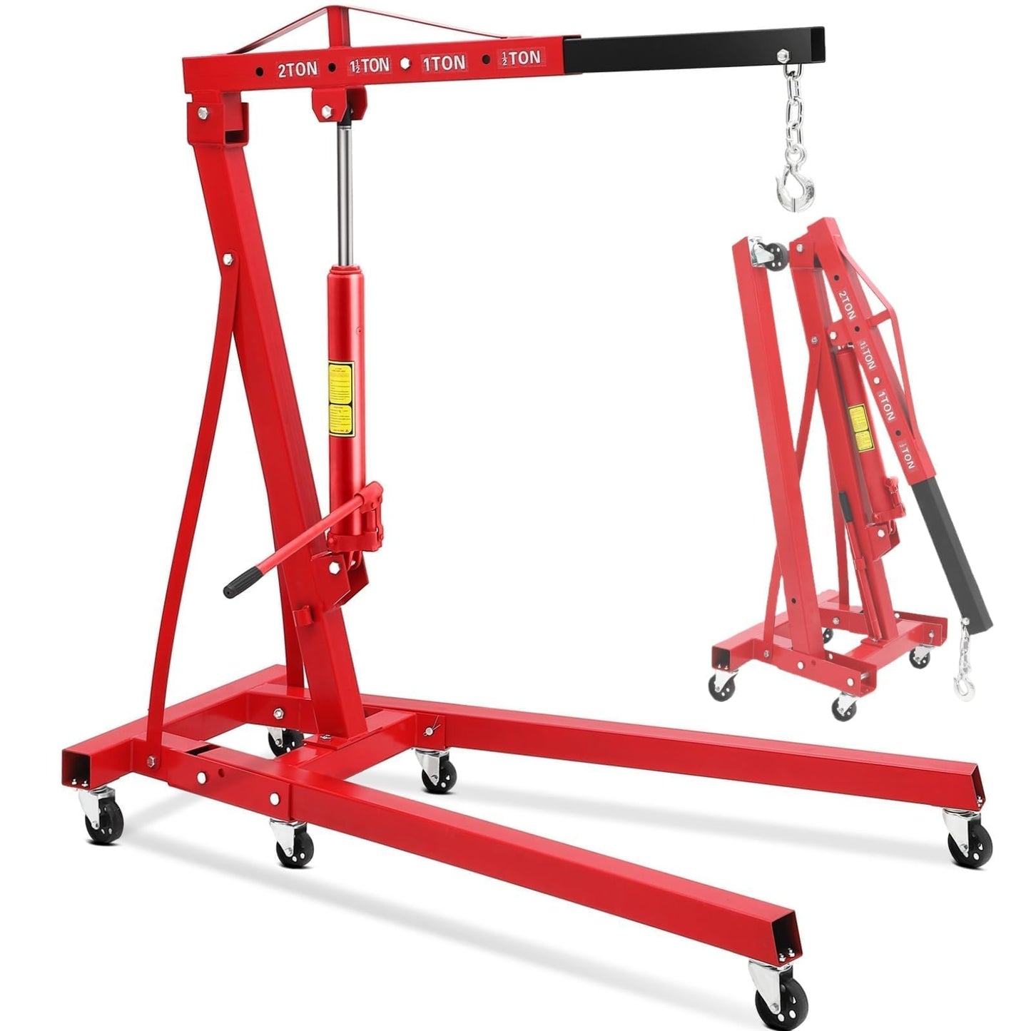 Foldable Engine Hoist, 2 Ton (4000 LB) Hydraulic Cherry Picker, Steel Mobile Load Lifter with 6 Wheels and Telescopic Boom, for Shop Crane, Garage, Workshop, Auto Repair, Heavy-Duty, Red