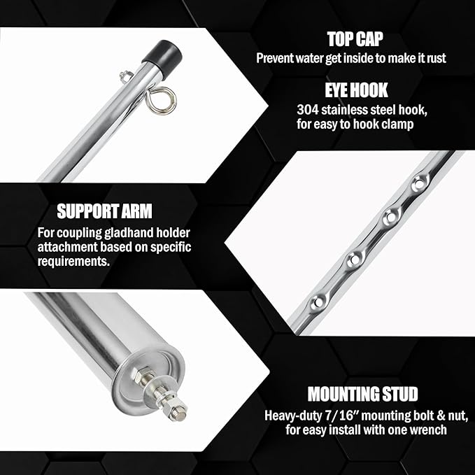 Semi Truck 40" Swivel Pogo Stick,Pogo Stick for Air Brake Line & Electric Power Cord Holder,Heavy Duty Stainless Steel Pogo Stick with 3 & 1 Hole Clamp,Chrome Color（1pack