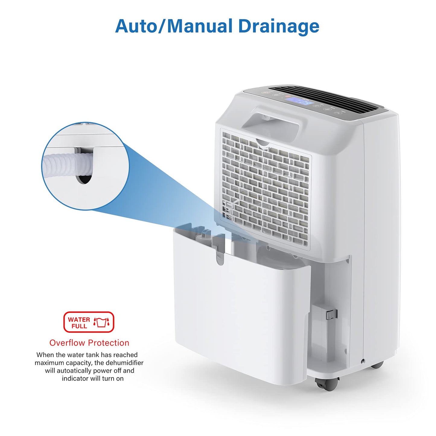Yaufey 2500 Sq. Ft. Dehumidifier for Home and Basements with Auto or Manual Drainage, 0.48 Gallon Water Tank, Low Noise and 24H Timer