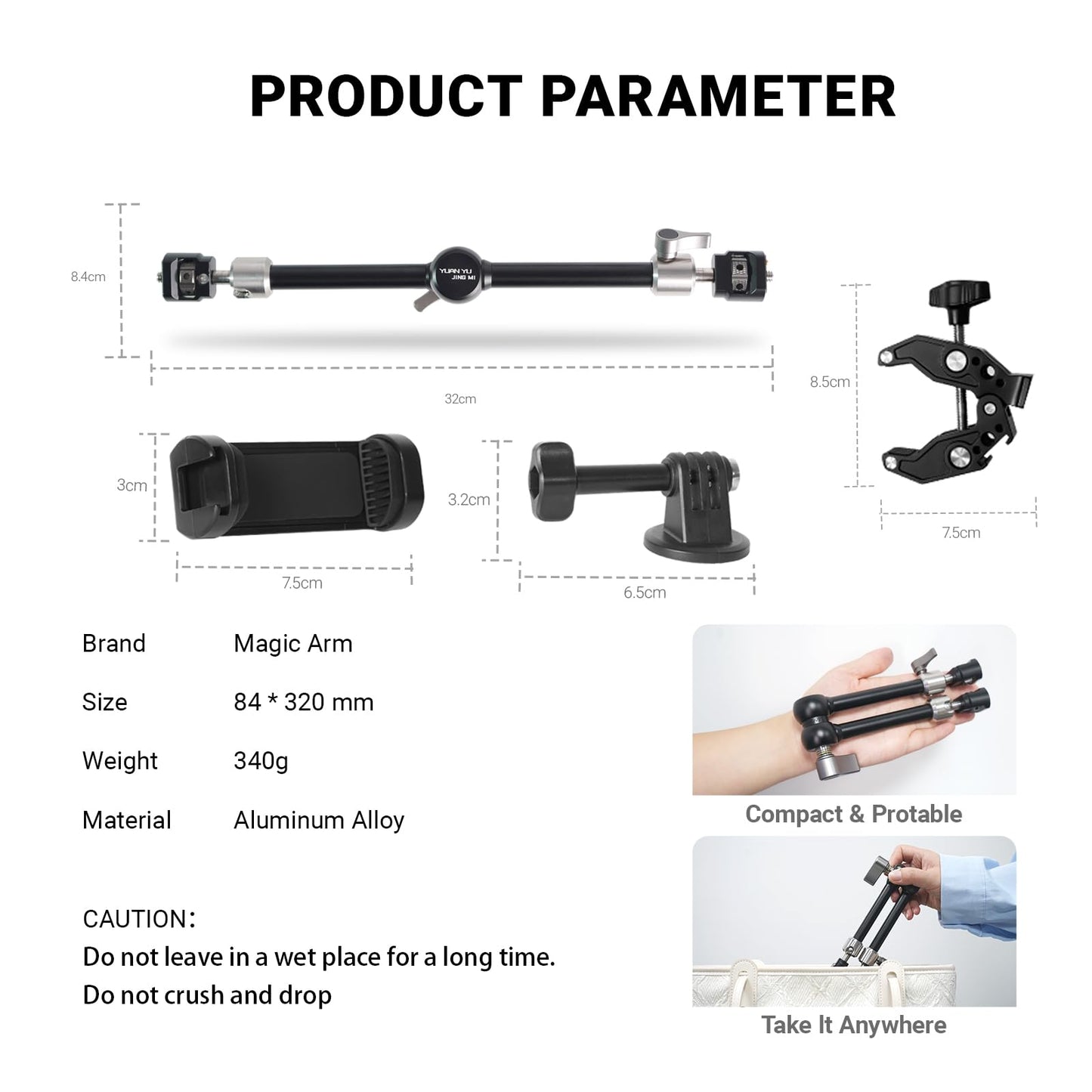Heavy-Duty Articulating Magic Arm Mount with Super Clamp, 360° Dual Ball Head & 1/4" ARRI Locating Pin&Holes, Camera Monitor Mount for Action Camera Video LED Light (11" Magic Arm w/Clamp)