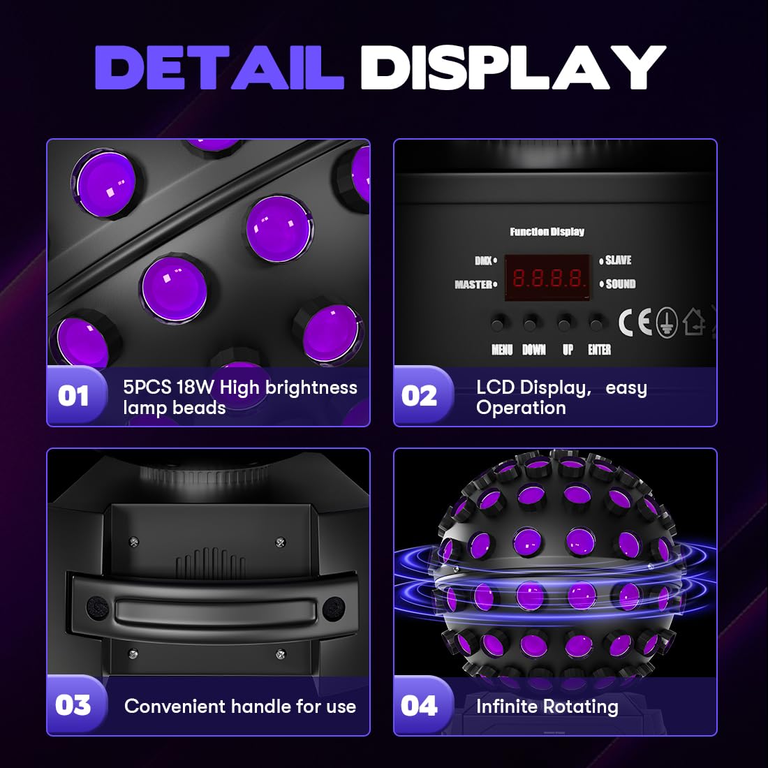 MOKA SFX LED Moving Head Sphere Light 6-in-1 RGBWA+UV Infinite 360° Rotating Magic Ball Effect Light with DMX512, Sound Active for DJ, Club, Party, Wedding, Stage Disco Lighting
