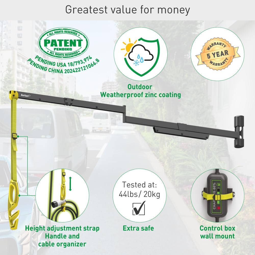 Barkan 63" Protective EV Charging Cable Wall Arm, 5 Year Warranty, Indoor & Outdoor Weatherproof zinc Coating, for Electric Vehicle Cable, Retractor Arm