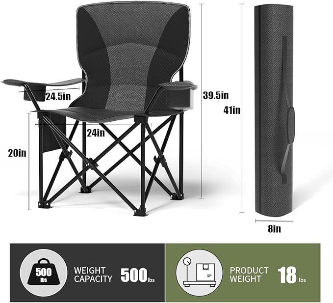Heavy Duty Folding Chair 500LB Capacity, Oversized Camping Chairs with Cup Holder, Cooler Bag & Storage Pouch, Double-Layer Fabric, Outdoor Chairs for Sports, Lawn Chairs (1, Black Grey, Extra Large)