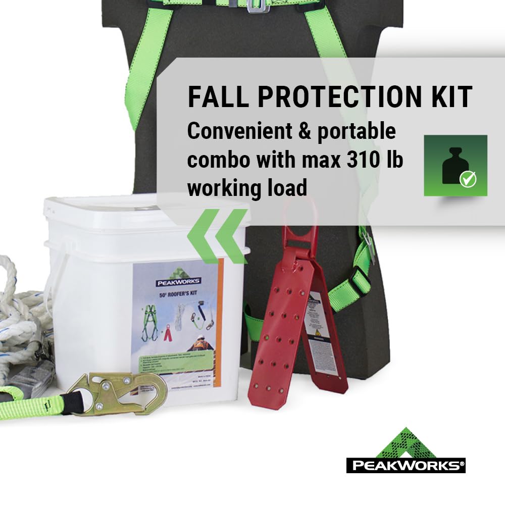 Peakworks OSHA Compliant, Fall Protection Roofer's Kit, Safety Harness (Universal Fit), Rope Grab, 25' Vertical Lifeline, and Reusable Roof Bracket, White/Green, V8257272