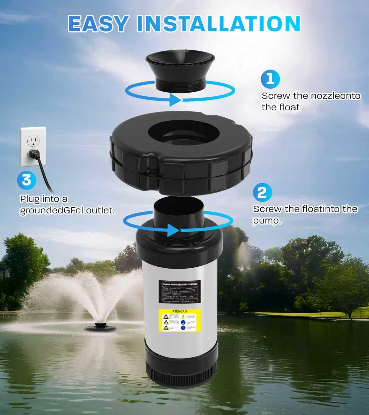 KYZDZQ 15000 GPH Pond Fountain Aerator, 110V,Floating Pond Fountain Pump with Stainless Steel Body, Pond Aerator Pump for Small & Large Ponds and Lakes (Black)