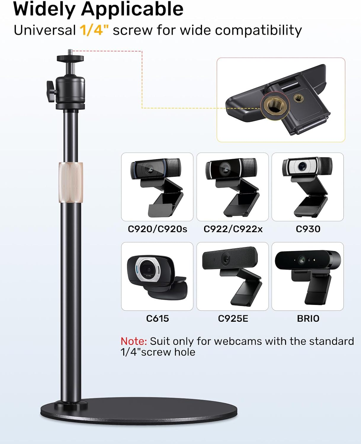 jidinung 360 C922 C930e C920S C920 C615 C960 N60 1/4" Webcam Tripod Stand for Desk Height Adjustable & Swivel Webcam