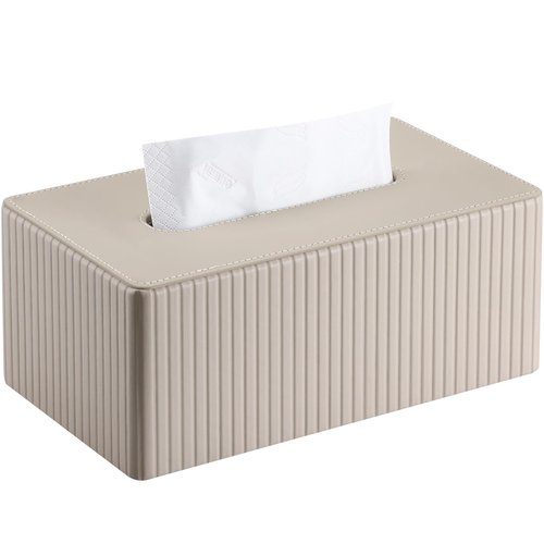 KINGFOM PU Leather Tissue Box Cover Rectangular Tissue Box Holder with Magnetic Bottom, Napkin & Facial Tissue Holder Dispenser for Home, Office for Standard 120-count/160-count (2-Ply) Beige Stripe