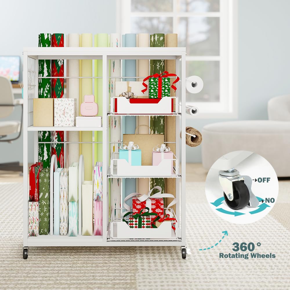 LUCKUP Rolling Wrapping Paper Organizer Cart – Gift Wrap Storage with Wheels, 20 Roll Holders, 3 Drawers & Ribbon Dispenser, Craft Organizer for Christmas, Birthdays, White
