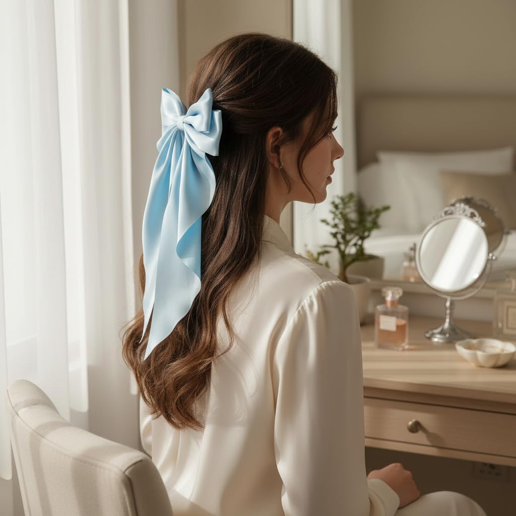 Skiennix Jumbo Silky Satin Bow Clip Hair Barrettes - Light Blue Large French Hairpins for Girls