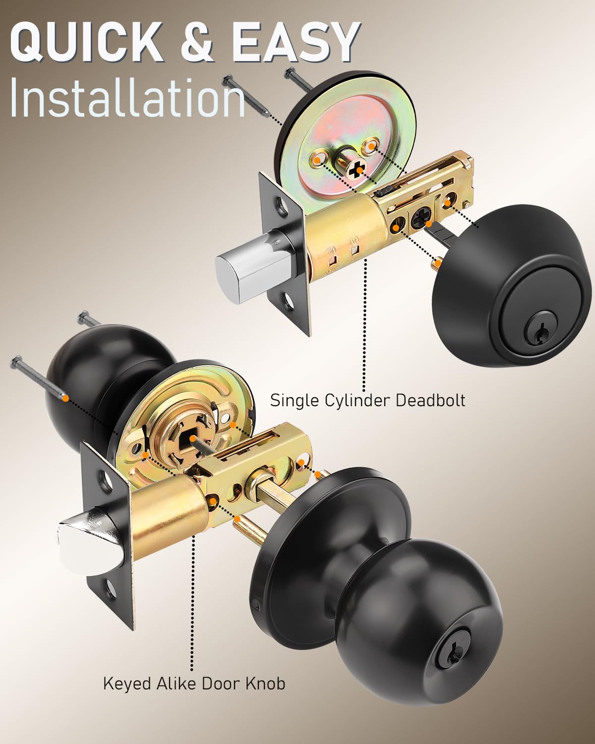 Brotima 1 Pack Entry Door Knob Lockset and Single Cylinder Deadbolt Combination Set in Matte Black Finish, Keyed Alike Exterior Knob Lock and Deadbolt for Front Door and Outside Gate