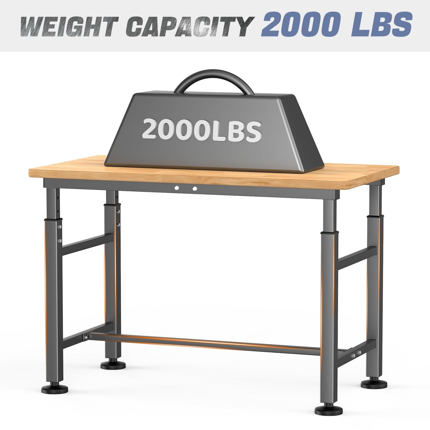 WALMANN Heavy Duty Adjustable Height Workbench 47.75" x 23.25", Rubber Wood Top Work Table for Garage, Workshop, 2000 lbs Load Capacity