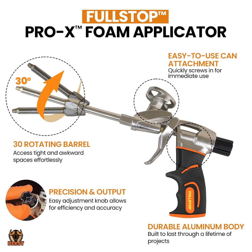 BEEST FullStop Spray Foam Insulation Kit - 240 Board ft/sq.ft. Fire Rated Spray Insulation Foam for Walls & Attics with Thermal & Soundproofing - Includes 12x Cans, 1 Cleaner, Pro X Gun, Safety Gear
