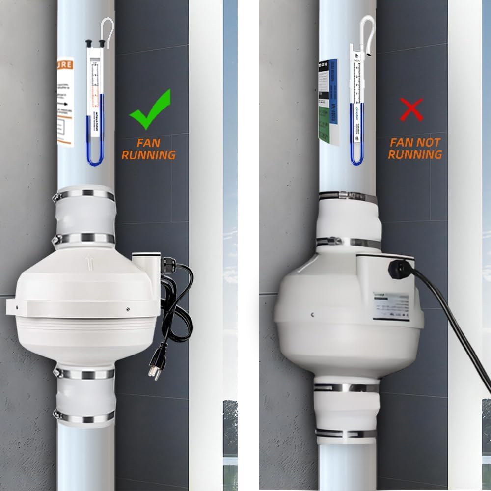 MIDCVFRUN 4 inch Radon Mitigation System Kit - 2 Speed Radon Fan 220/158CFM Ultra Quiet Inline Duct Fan with Rubber Couplers (4 inch x 3 inch) and Air Pressure Indicator