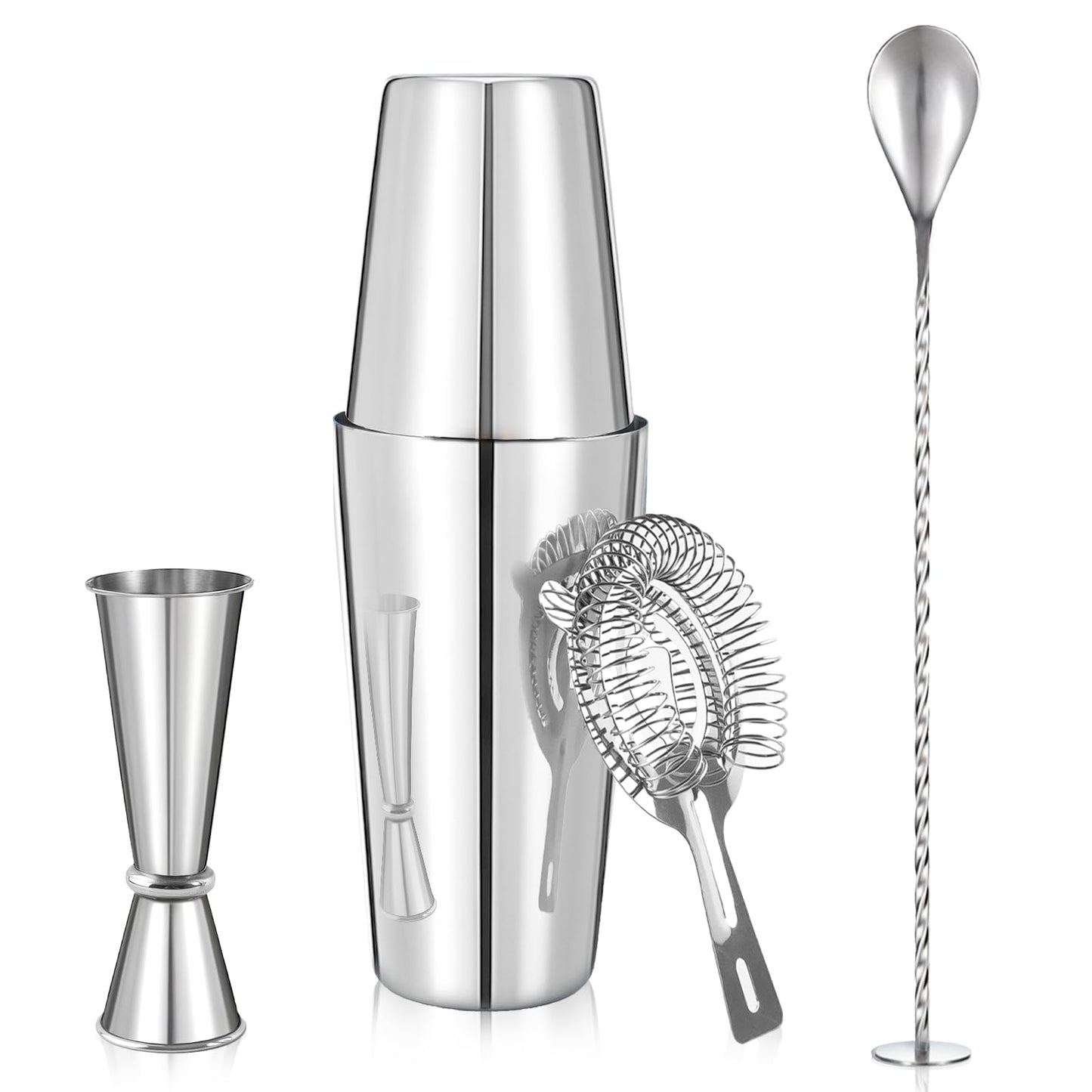 Professional Cocktail Shaker, Professional 5-Piece Bartender Kit with Boston Shaker, Hawthorne Strainer, Double Measuring Cocktail Jigger, and 10-inch Mixing Spoon, Stainless Steel Martini Shakers