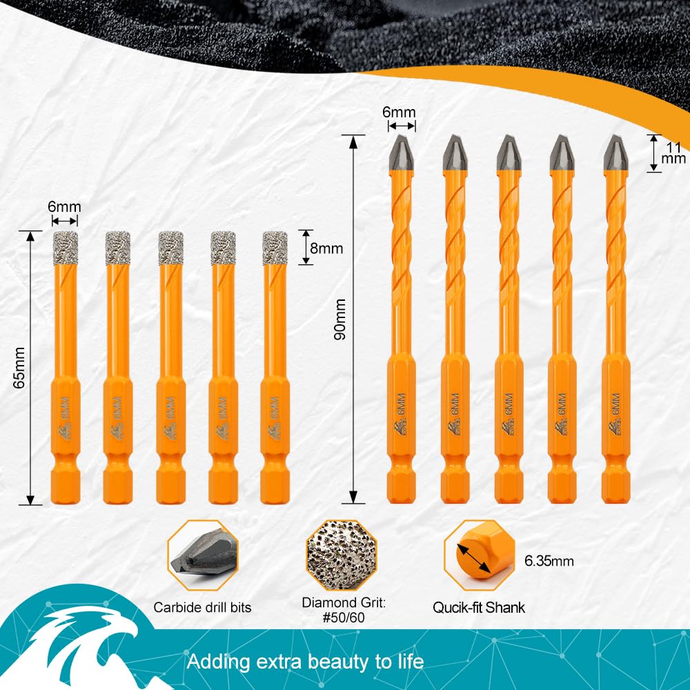 EXFEIN Diamond Tile Hole Saw Kit 13pcs - 6/6/8/19/25/35/50/75/102mm Core Drill Bits and EXFEIN Tile Drill Bits Kit 6mm 5pcs
