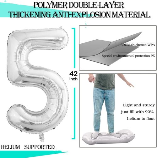 GOER Silver Foil Number 5 Balloons - Huge 42 Inch & 32 Inch for 5th Birthday Party Decorations (3 Pcs)