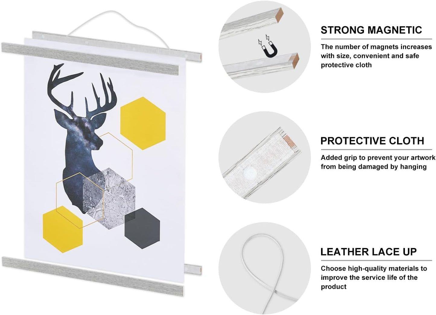Benjia Magnetic Poster Hanger - 20" Wooden Frame for Canvas & Artwork | Grey Color, Easy Wall Display