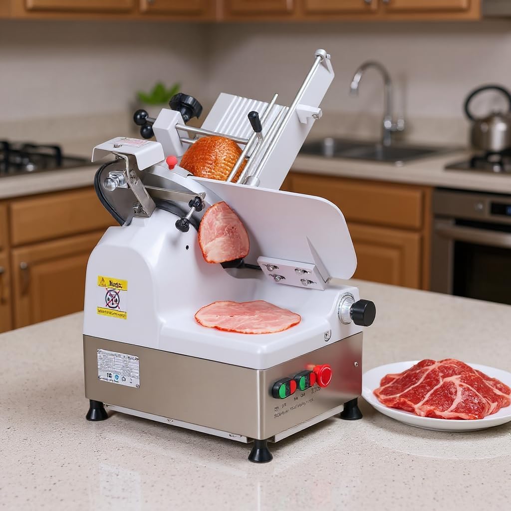 Commercial Meat Slicer with 12.6" Carbon Steel Blade, 550W Automatic Meat Slicer Machine, Professional Double-motor Food Cutter with Adjustable Thickness From 0 to 15mm for Commercial Use, Low Noise