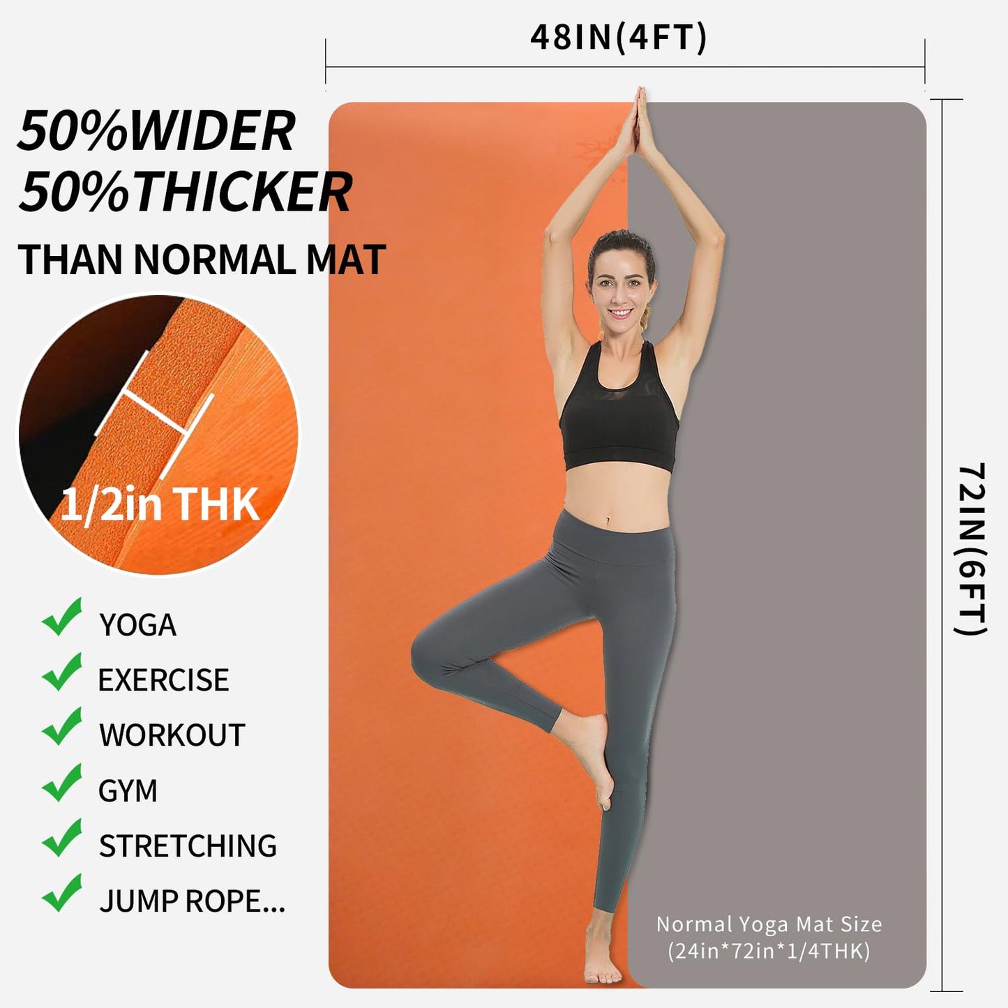 Hatha Yoga Large TPE Yoga Mat 6'x4'x1/2" Extra Thick Non-Slip Exercise Mat - for Yoga Pilates & Home Gym Workouts(Orange)