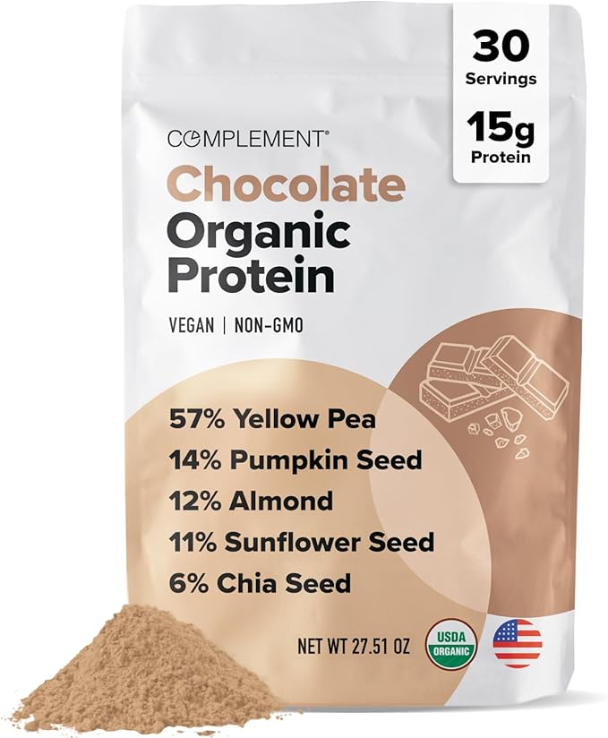 Complement Organic Chocolate Vegan Protein Powder (30 Servings) Low Carb, Low Calorie, Sugar Free, Soy Free, Non-GMO, Non Dairy - Yellow Pea, Pumpkin Seed - 15g Plant Based Protein Powder