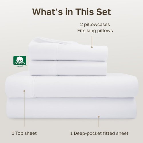 California Design Den King Sheet Set - 100% Soft Cotton, 400 Thread Count, Silky Smooth Sateen - White