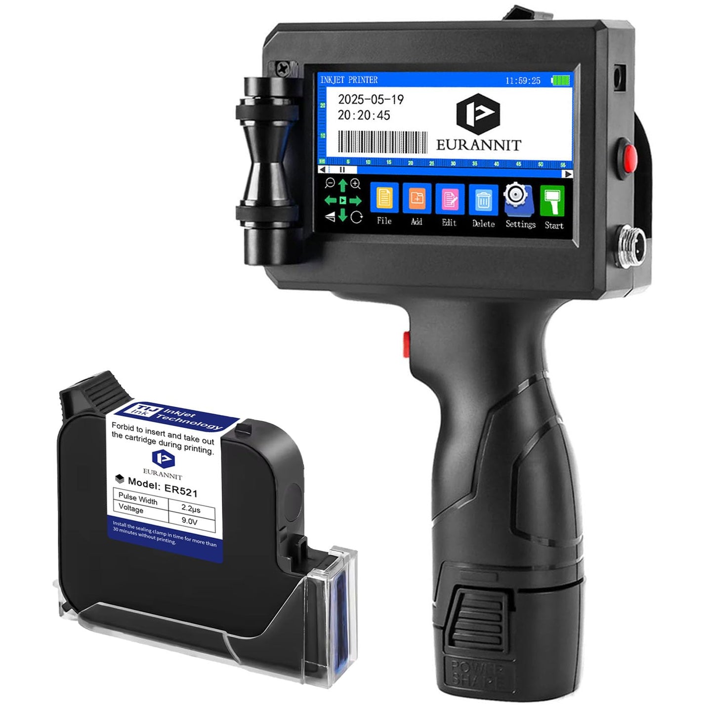 Eurannit E15-1 Handheld Inkjet Printer - 1 Inch Print Height with ER521 Black Ink Cartridge, Portable Coding Gun for Text, QR Code, Barcode on Carton, Plastic & Uneven Surfaces