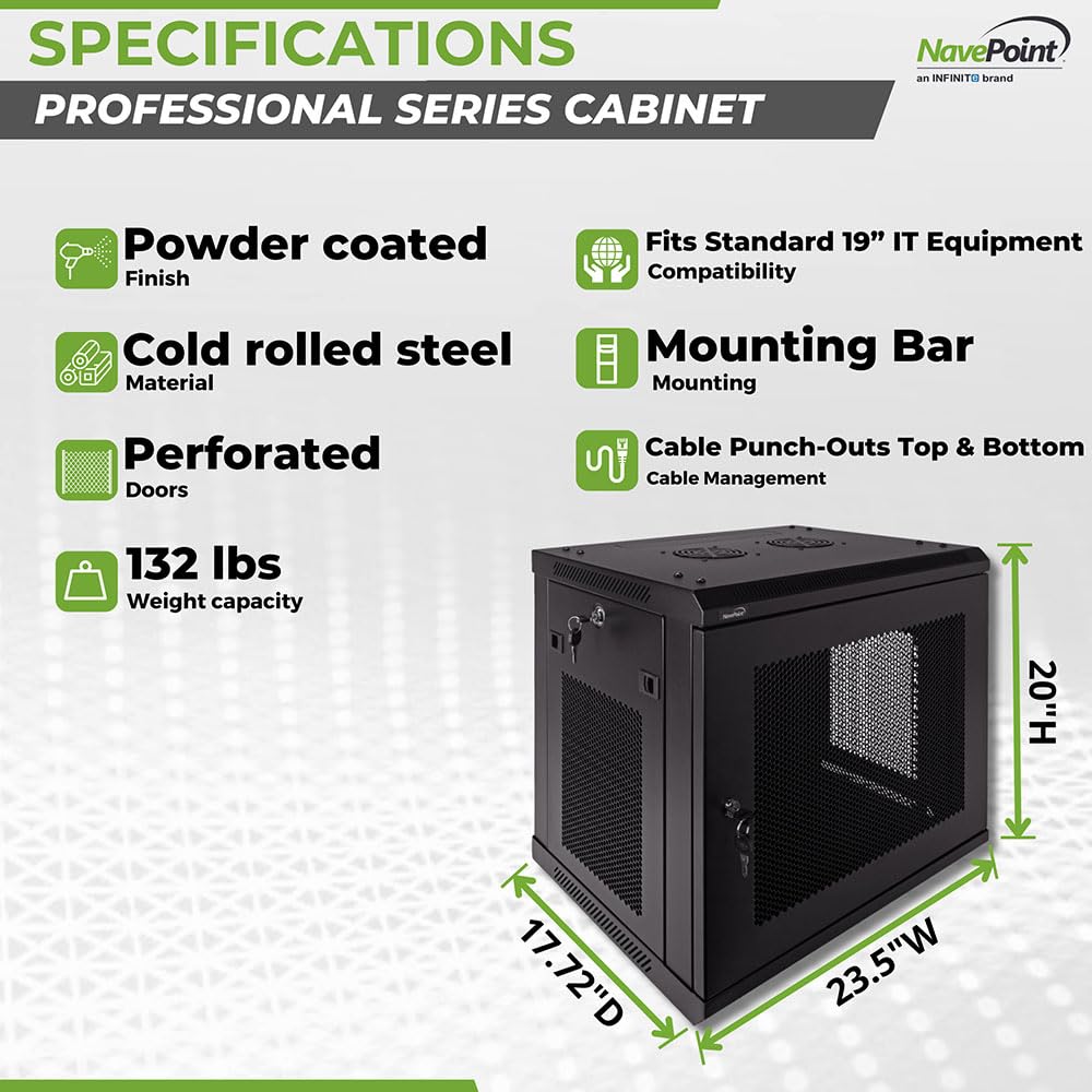 NavePoint 9U Server Rack Enclosure - 17.7” Deep, Wall Mount Network Cabinet with Locking Perforated Door, 19” IT Equipment Compatible, Network Rack, Removable Side Panels, Black